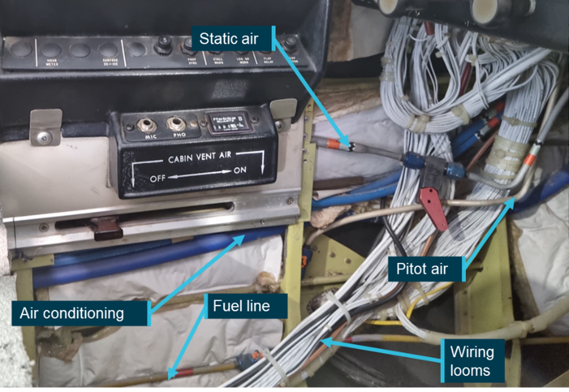 Figure 7: Circuit breaker and instrument panel of an exemplar B58 showing the position of wiring looms.