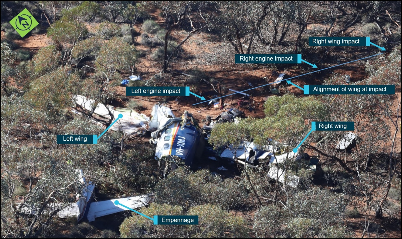 Accident site with wreckage distribution.