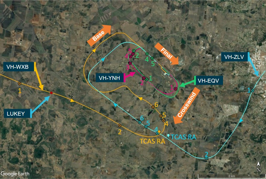 Aircraft flight paths and positions during different CTAF broadcasts – WXB in yellow, ZLV in blue, EQV in green and YNH in pink, with numbering showing where each aircraft was at the time of the broadcasts