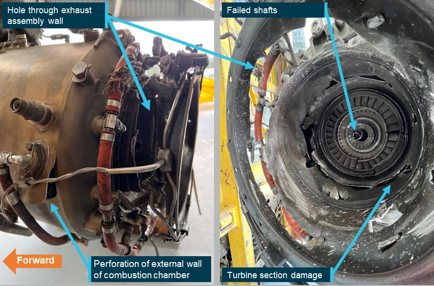 Damage to the engine combustion chamber, turbine section, and exhaust assembly