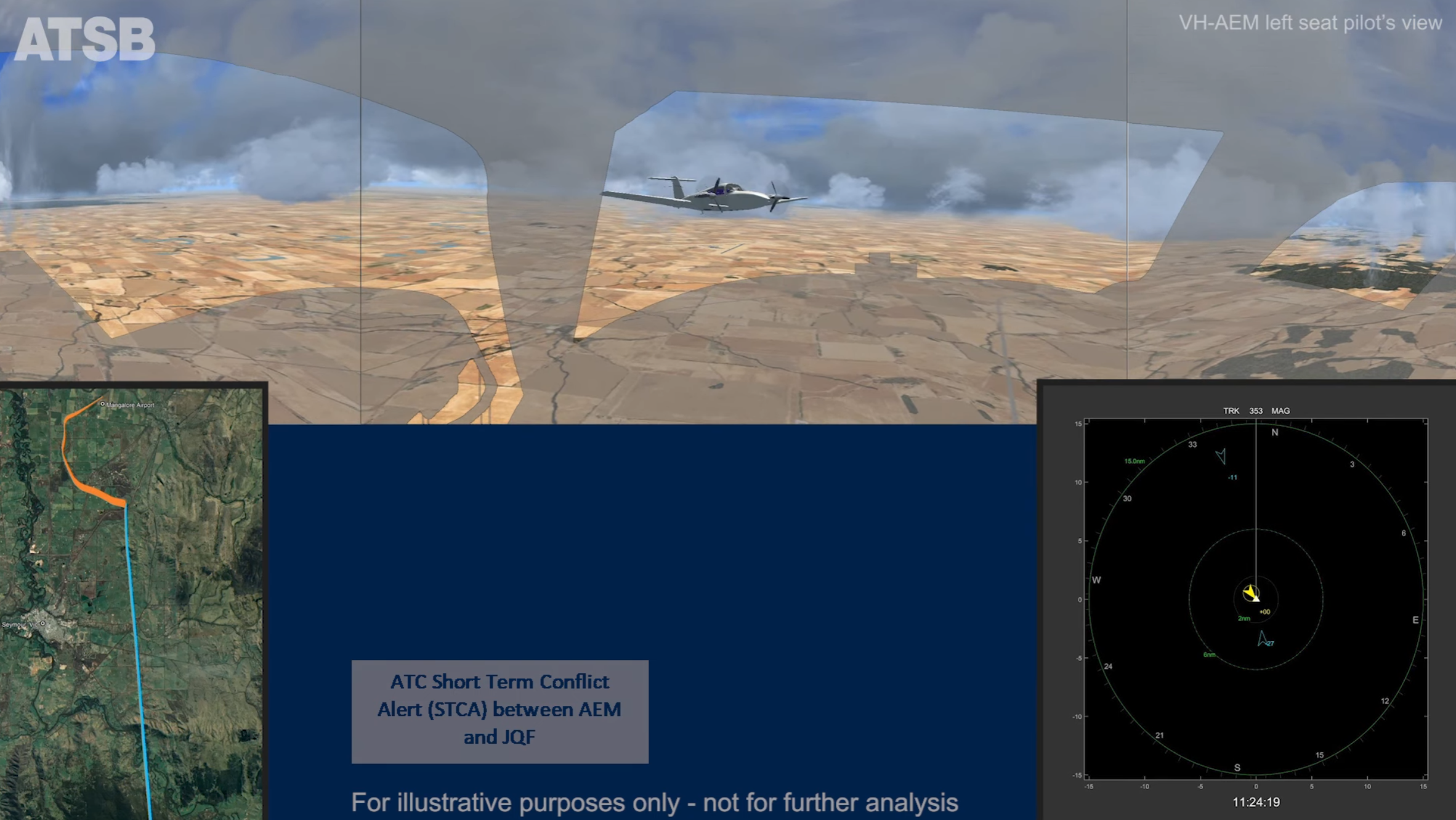 Simulated cockpit view of mid-air collision