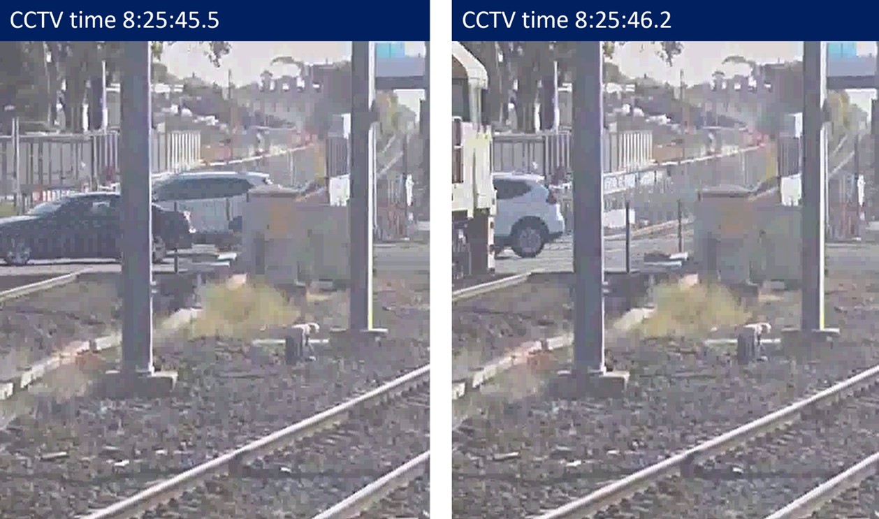 CCTV images showing road vehicles on Cherry Street as train approaches