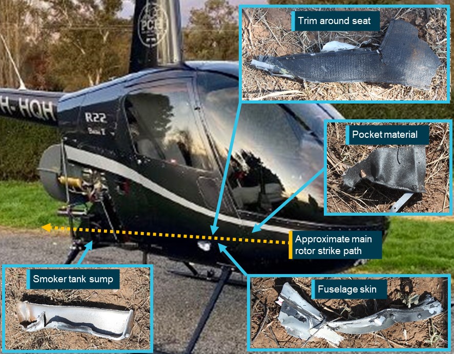 Figure 4: VH-HQH (pre-accident) showing approximate location of rotor strike location and locations of first items in debris field