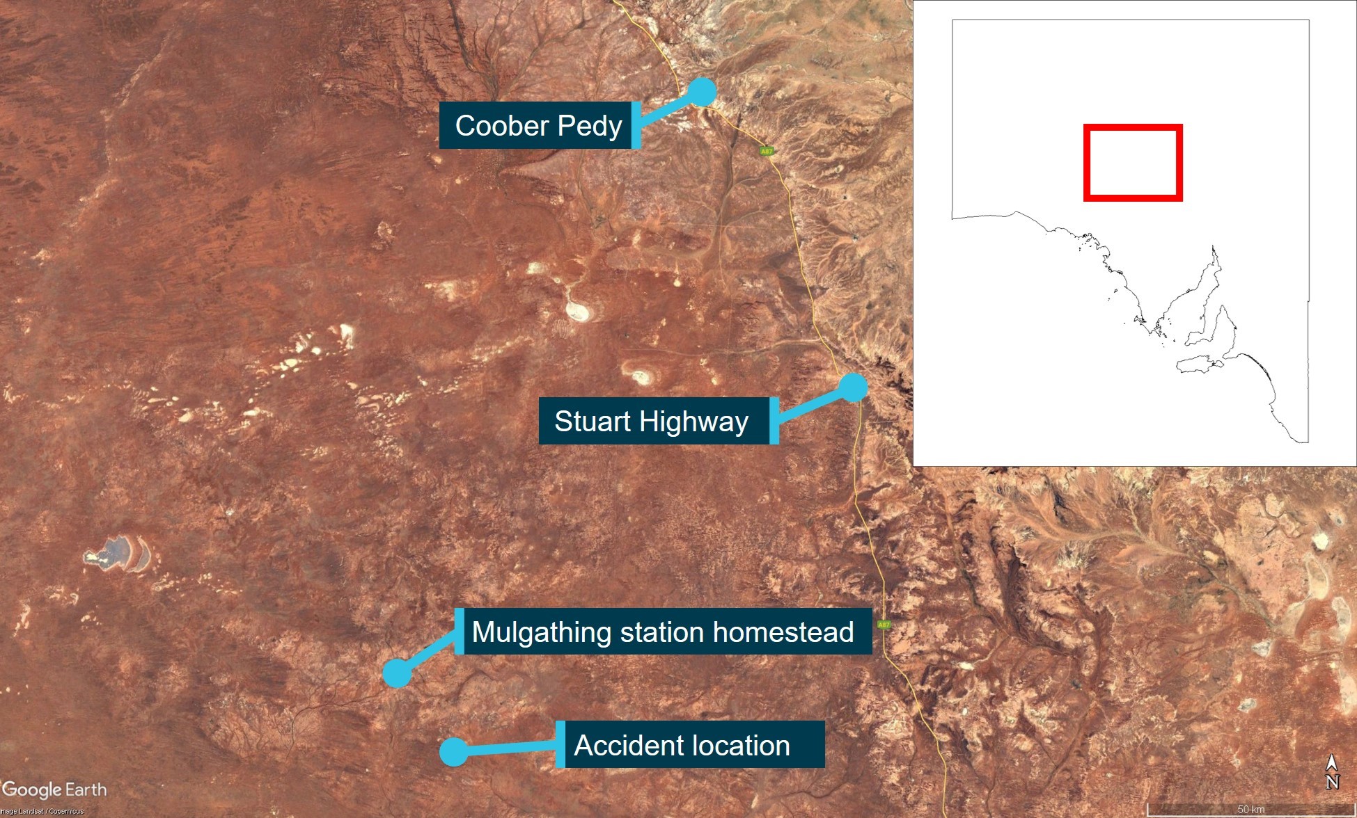 Accident location with reference to Coober Pedy and the Stuart Highway.