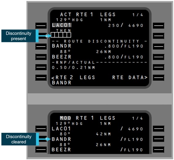 Figure 12: Example flight management computer route legs page with discontinuity present (top) or cleared (bottom)