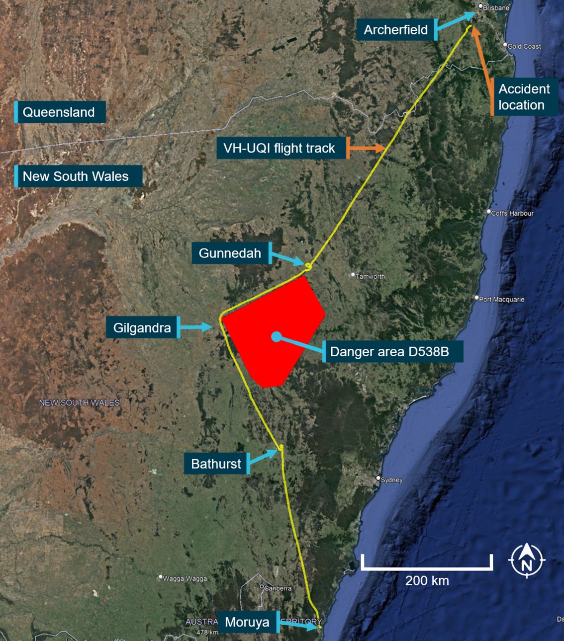 Figure 1: Recorded flight track of VH-UQI from Moruya, NSW to accident site