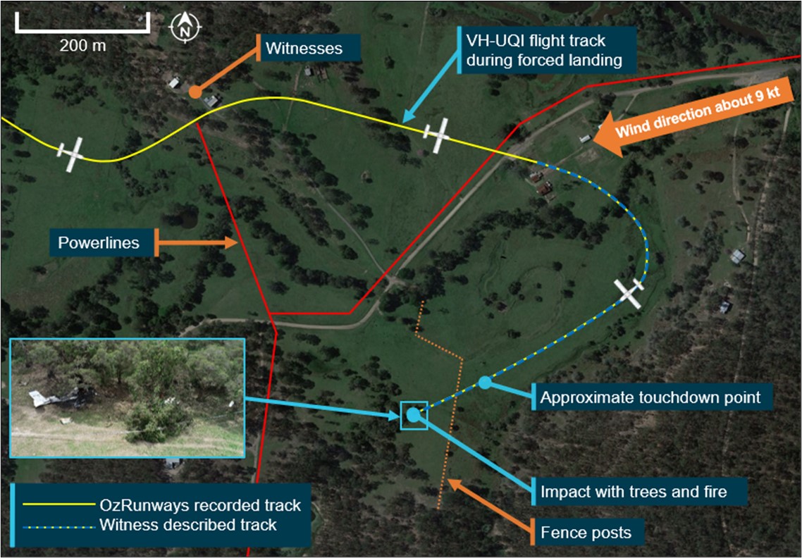 Figure 2: VH-UQI flight path and forced landing area