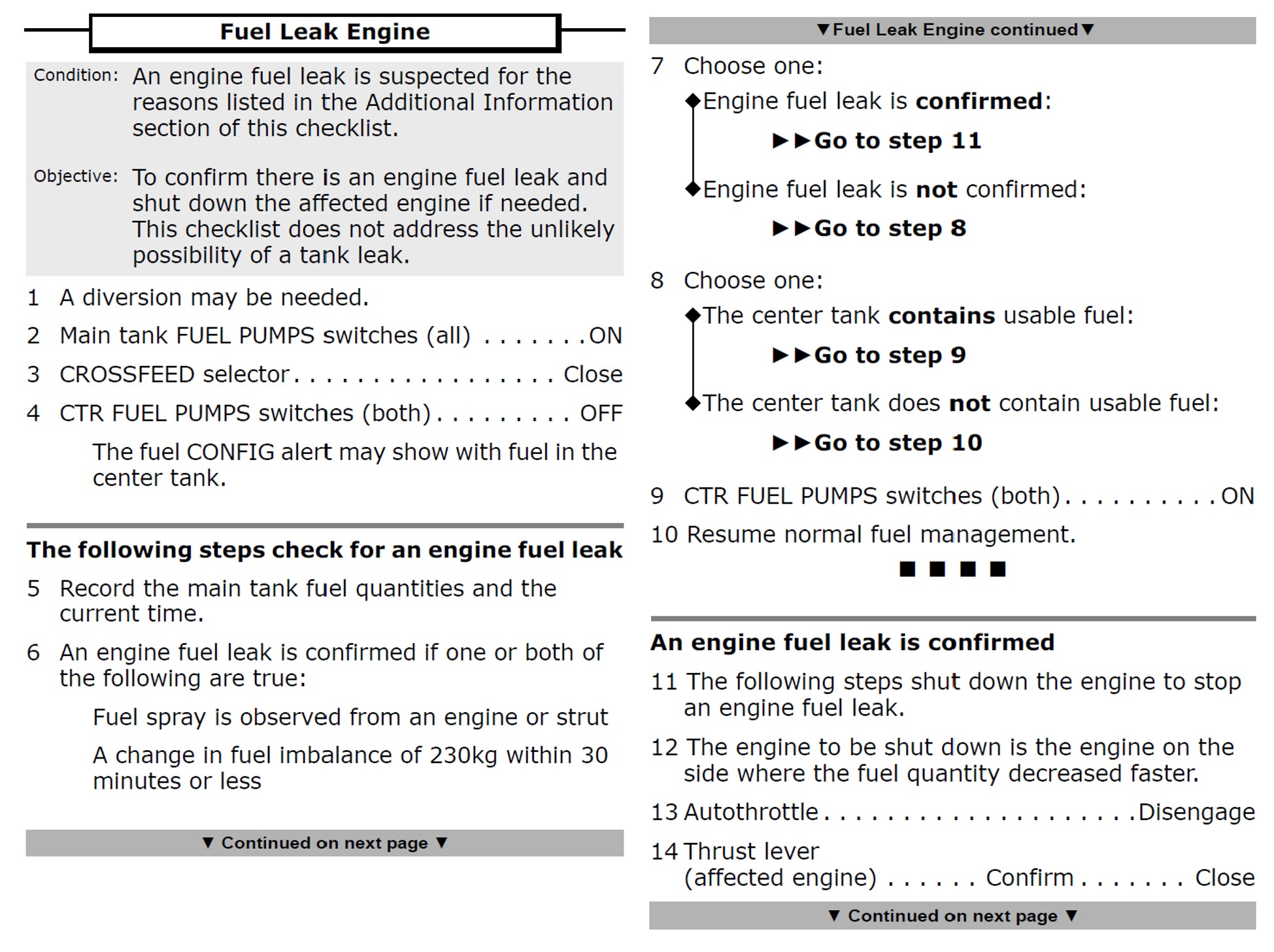 Figure 4: QRH Fuel leak engine checklist (first 2 pages)