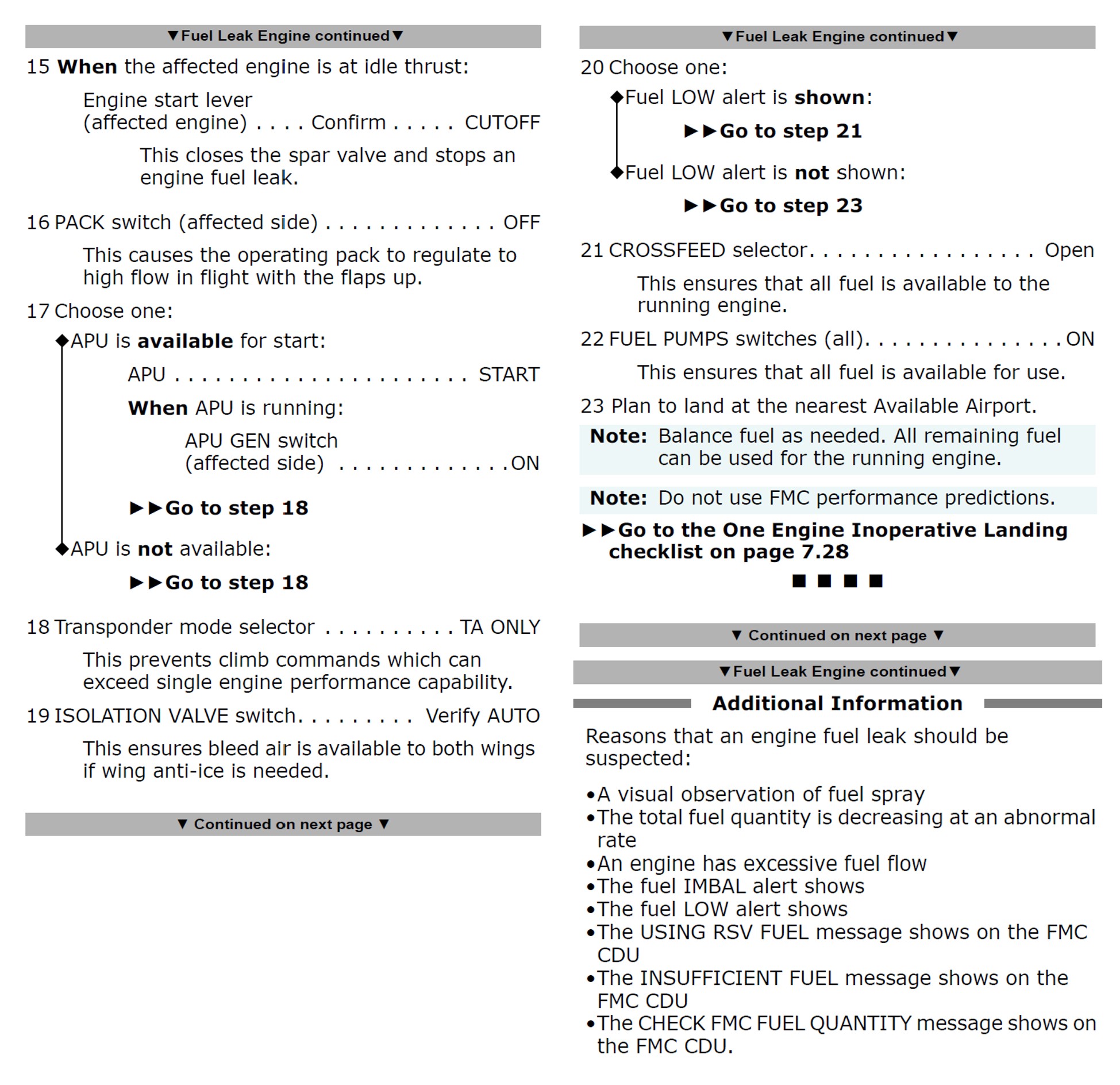 Figure 5: QRH Fuel leak engine checklist (remaining pages)