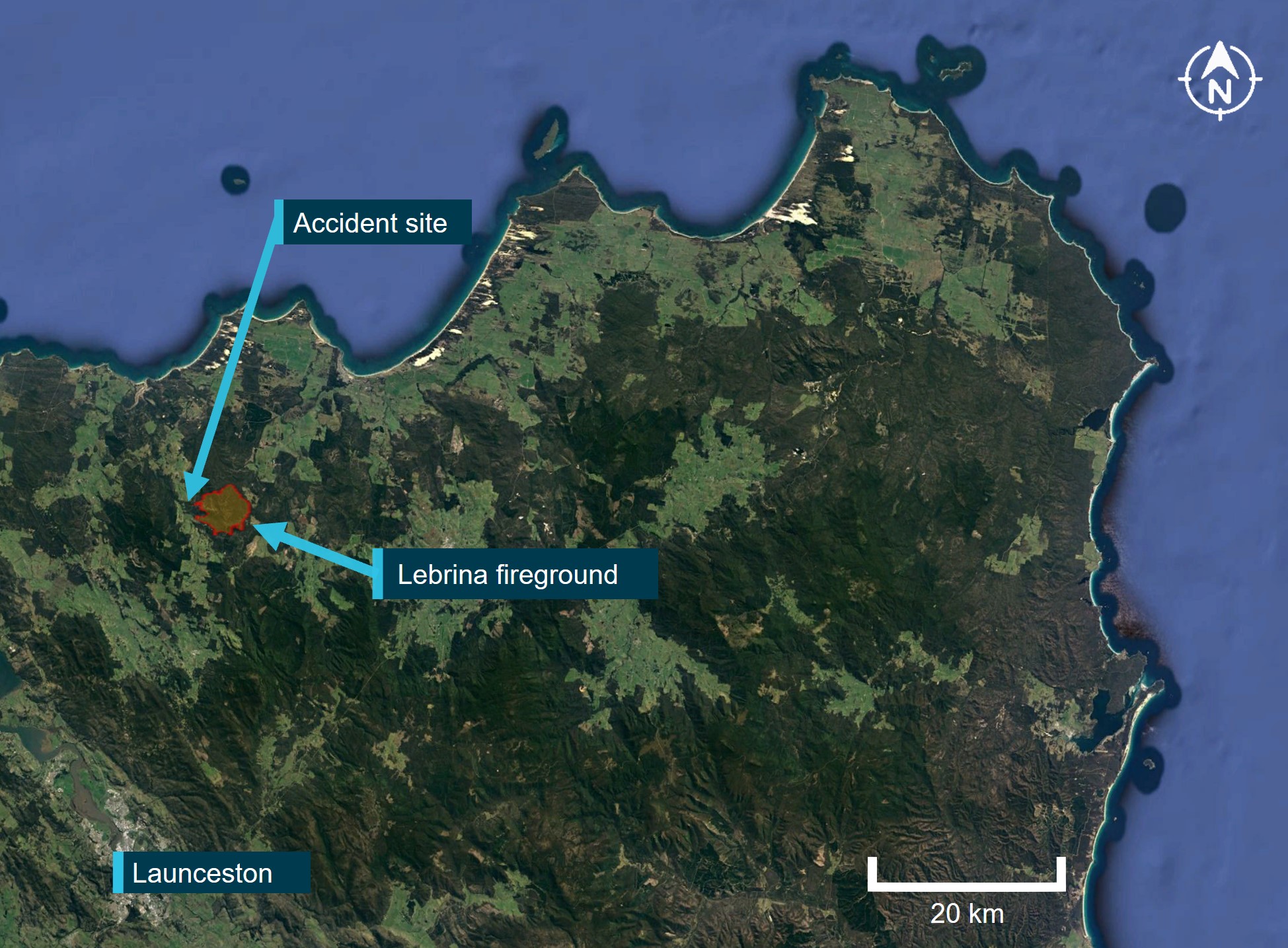 Figure 1: Accident location and the Lebrina fireground, Tasmania