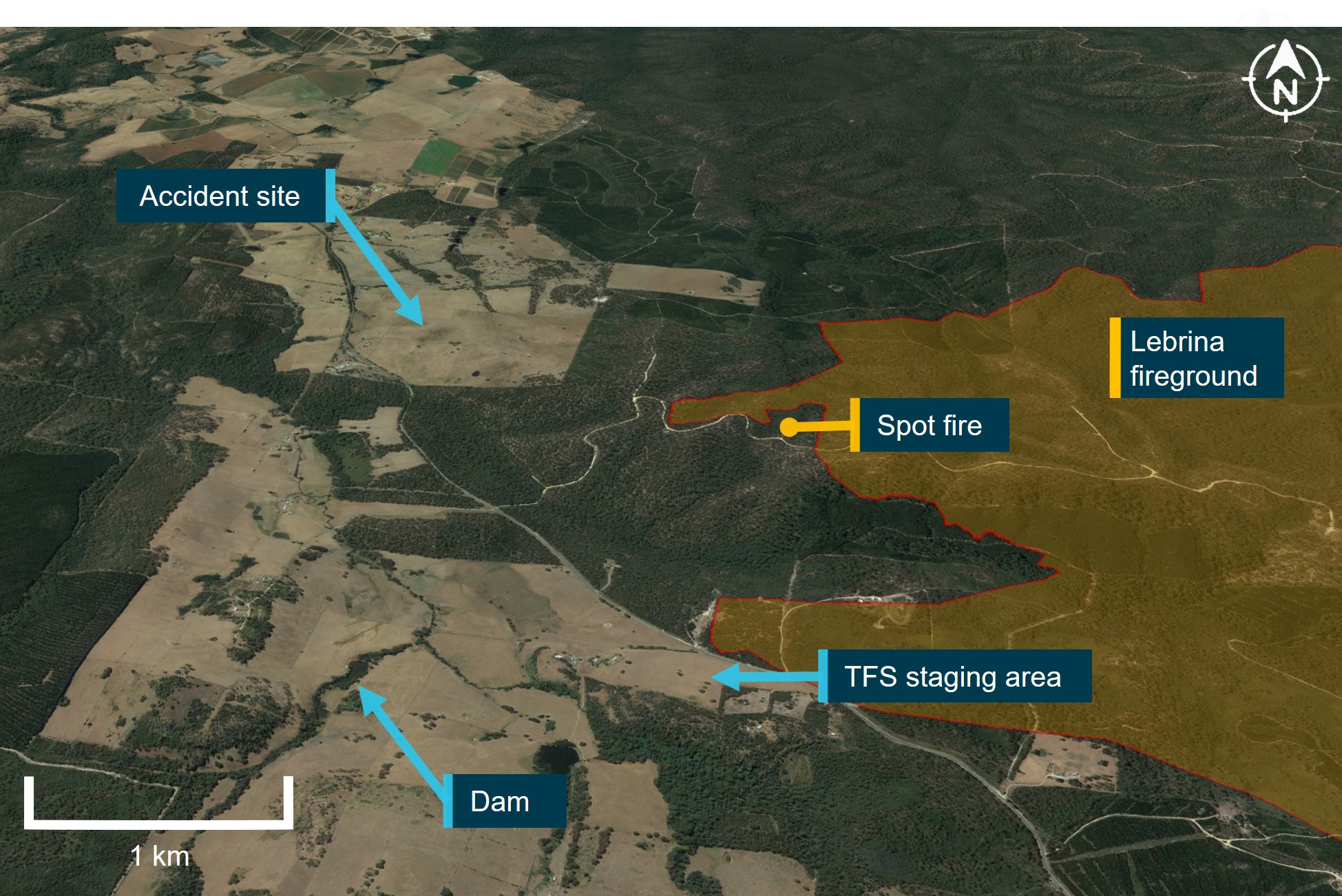 Figure 2: Key areas of the Lebrina fireground relative to the accident site