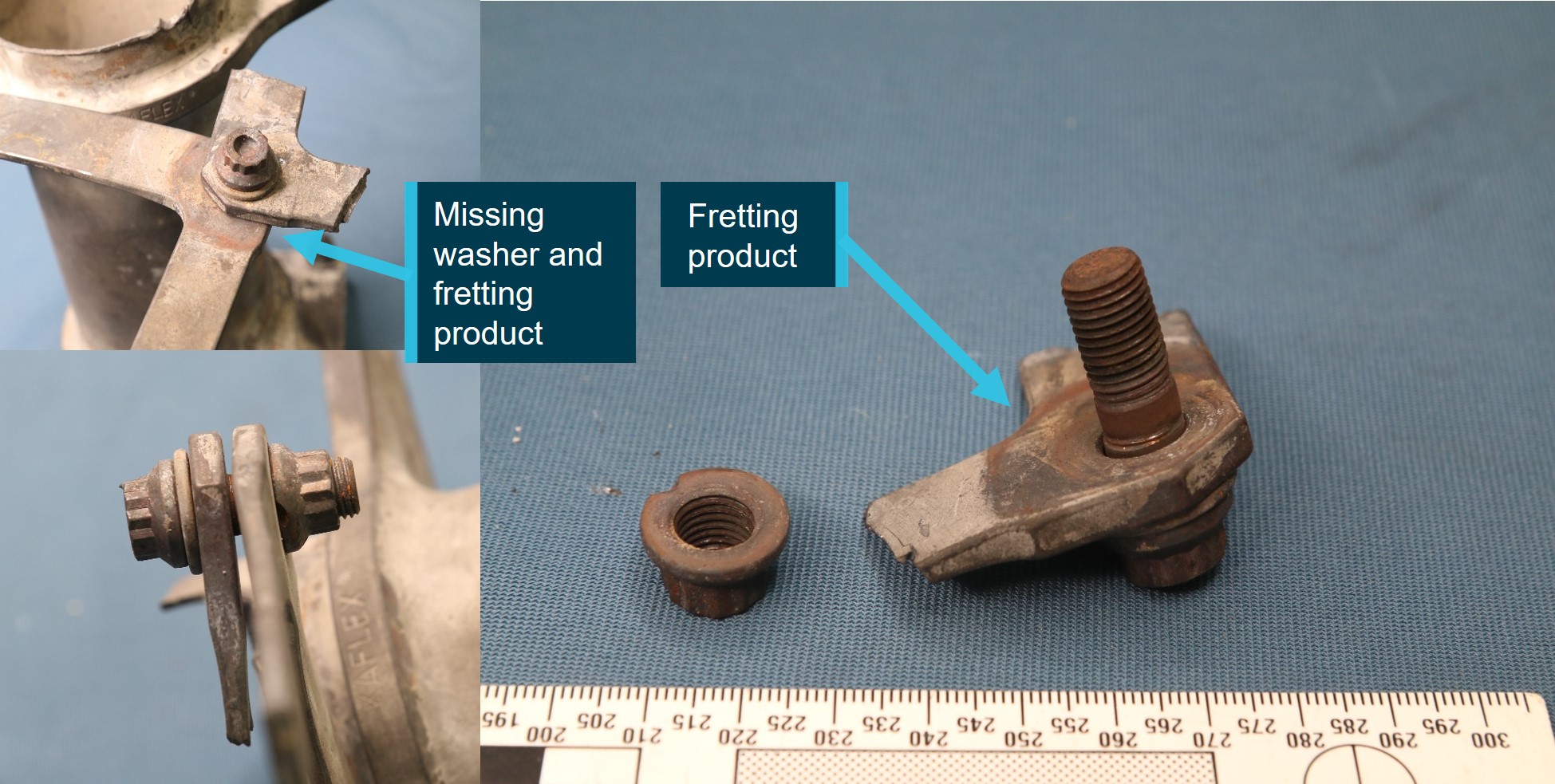 Figure 20: Photographic montage identifying a missing washer and evidence of fretting product on the associated flex frame and its attachment hardware