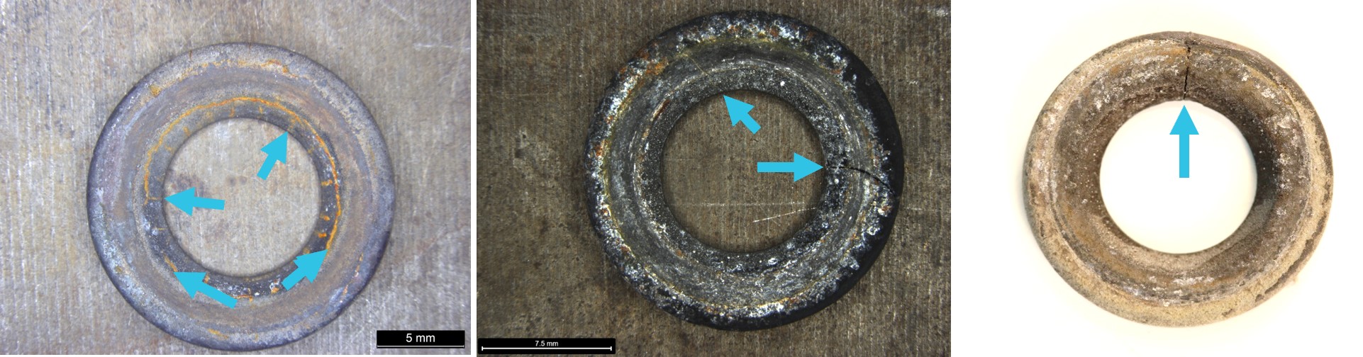 Figure 21: Photographic montage of cracks (arrowed) in countersunk washers from the KAlex attachment hardware