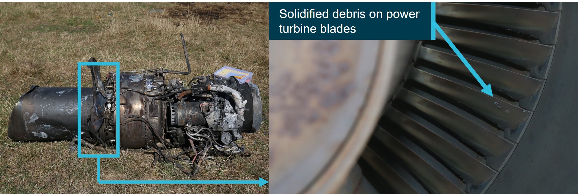 Figure 8: Solidified metallic deposits were identified on the surfaces of the second stage power turbine