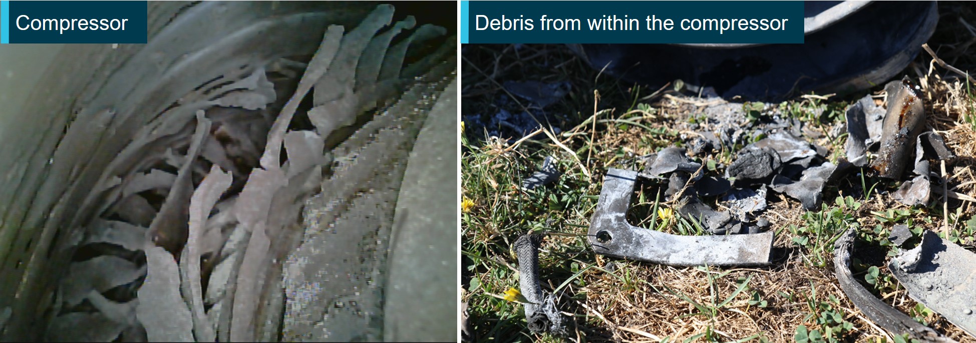 Figure 9: Severe disruption occurred to all internal stages of the compressor (left) and the debris that was recovered from within the compressor (right)