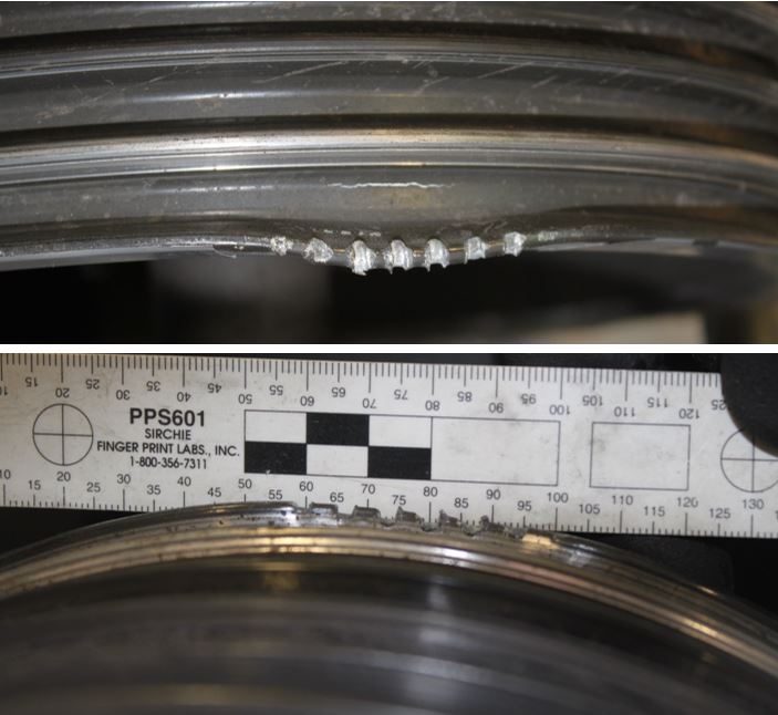 Figure 17: Upper sheave damage from impact with non-rotating starter ring gear