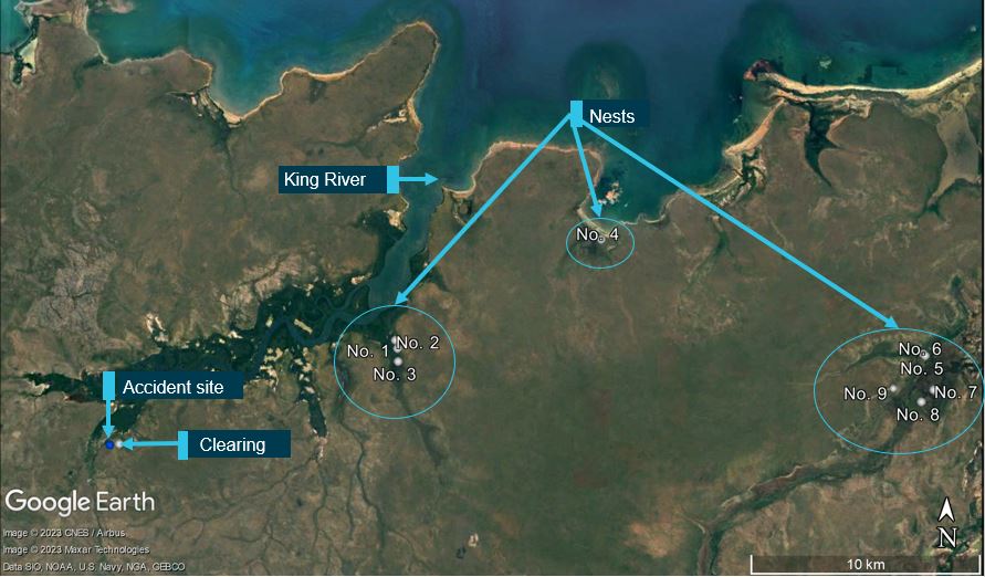 Figure 2: Accident area including King River, accident site and nests  