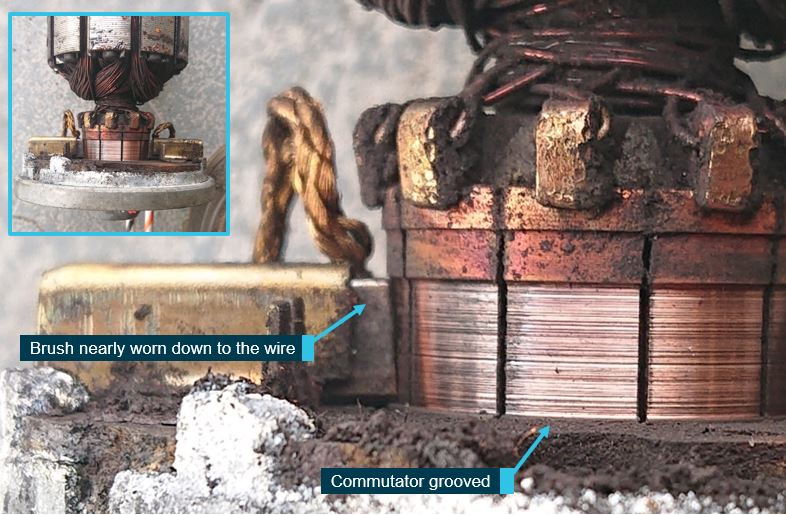 Figure 21: Electric fuel pump showing worn brush and commutator