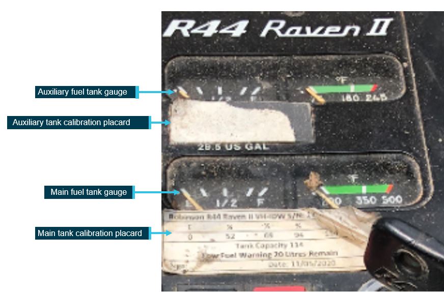 Figure 6: VH-IDW cockpit photo showing fuel gauges and placards