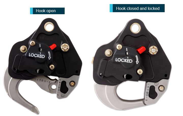 Figure 9: Onboard Systems hook open and closed/locked (same part number as those installed on VH-IDW)