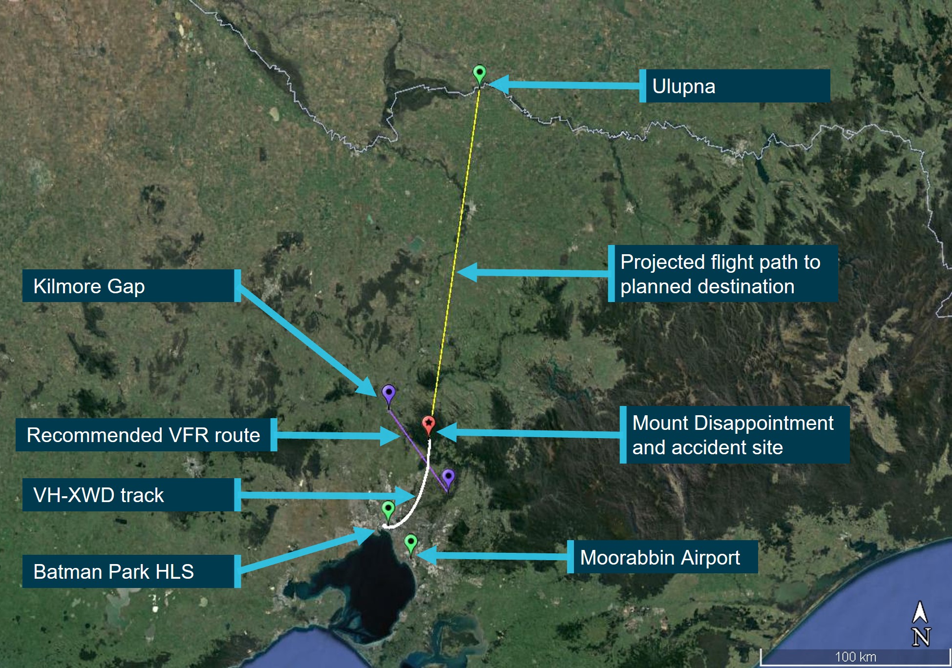 Figure 1: XWD accident flight and key locations