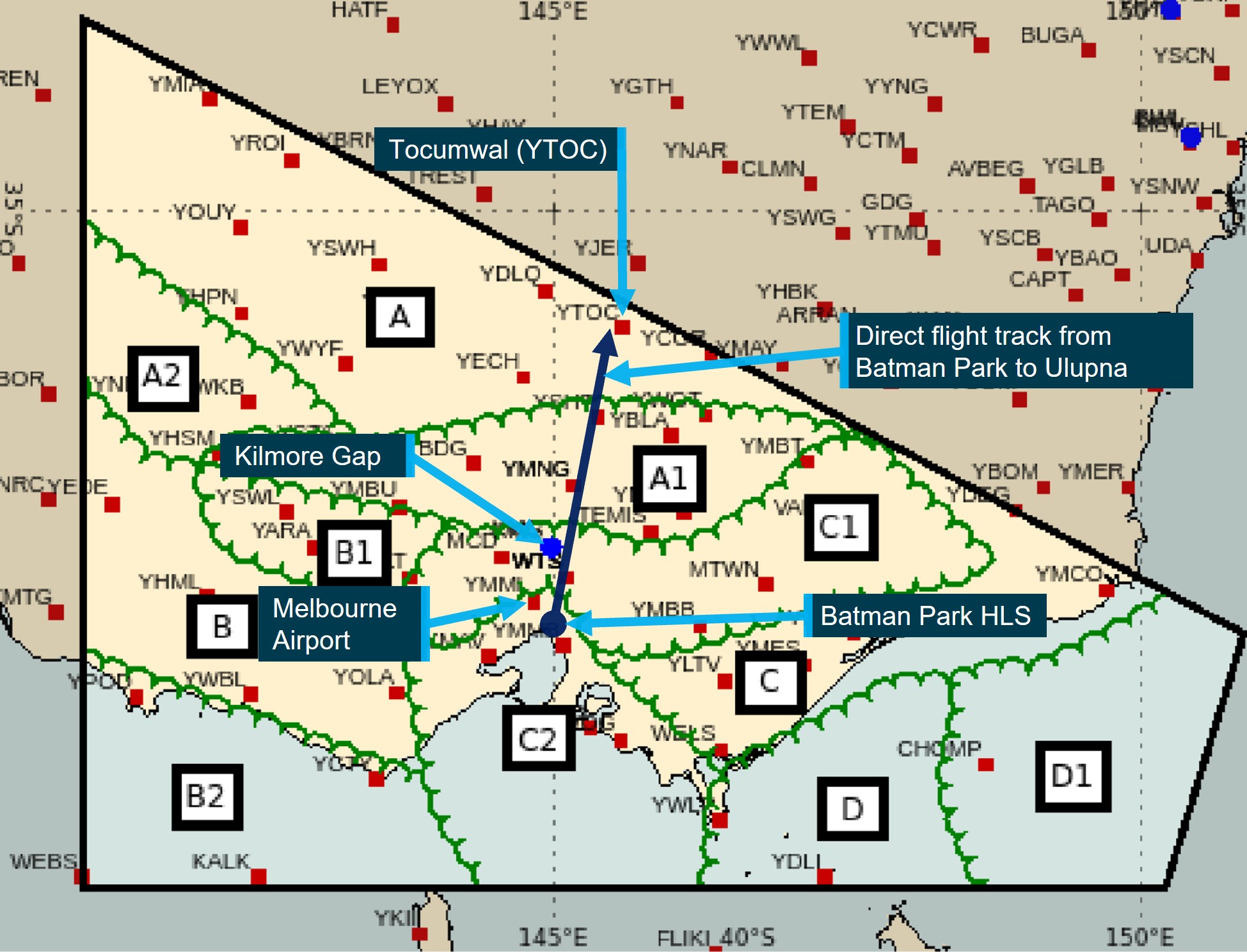 Figure 10: GAF with direct track from Melbourne to Ulupna west of Tocumwal (YTOC)