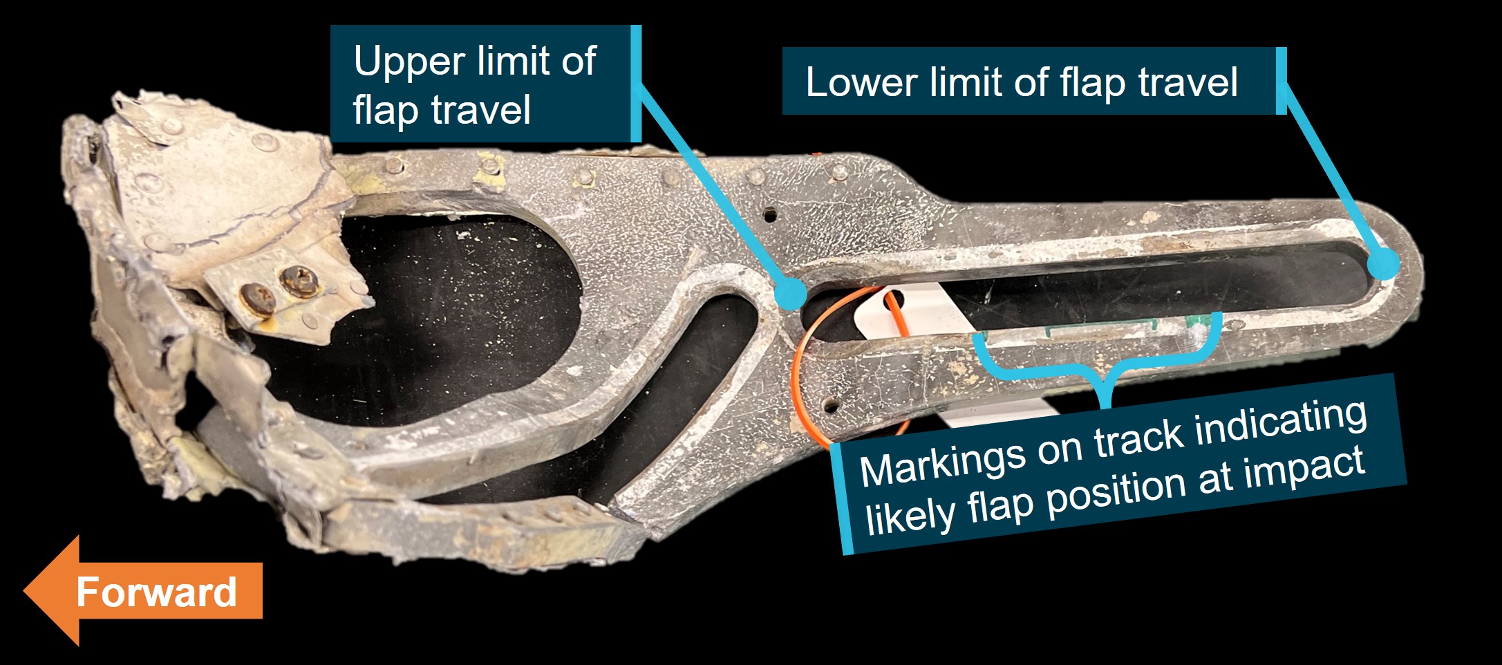 Figure 10: Left inboard flap track with markings indicating likely flap position at impact