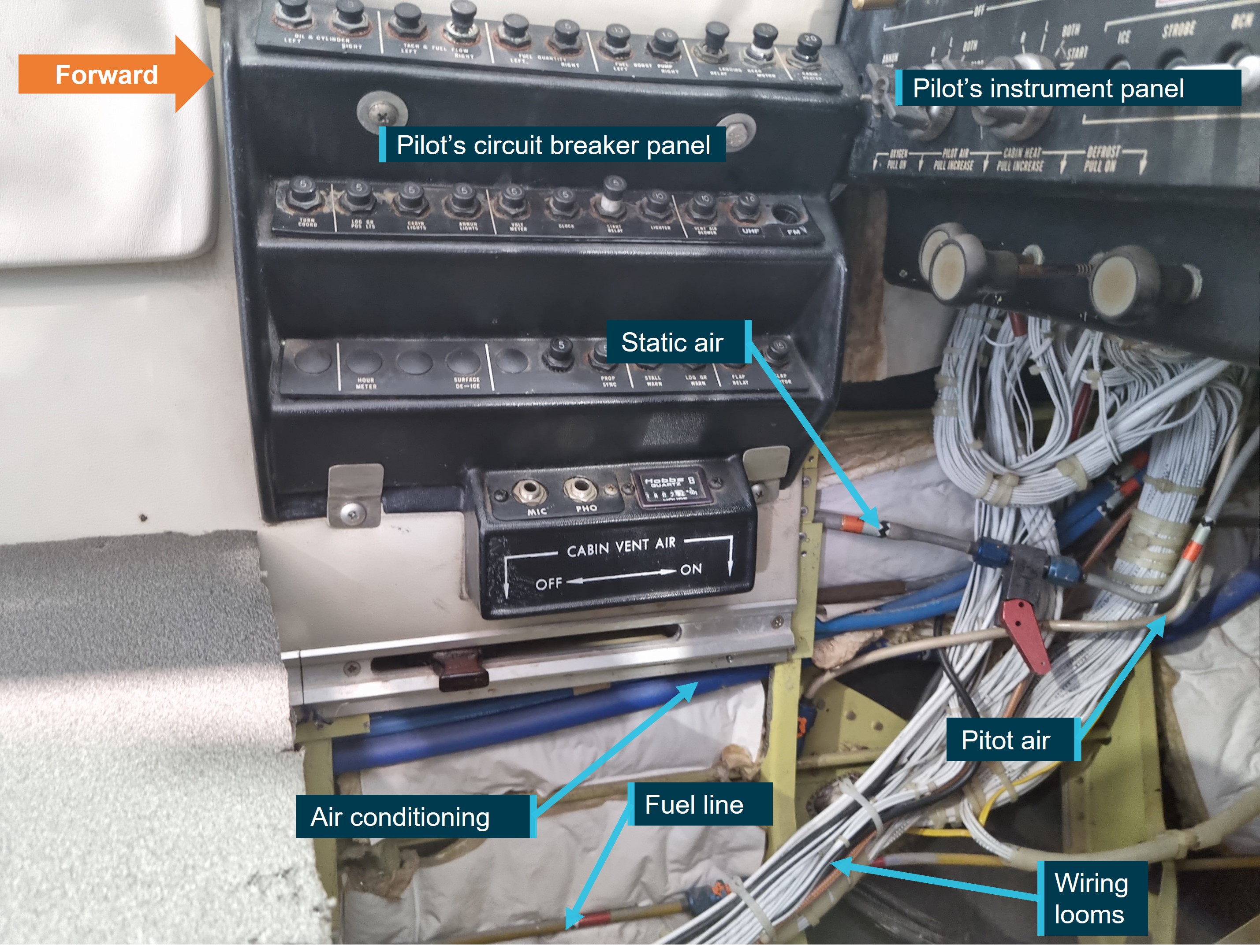 Figure 7: Circuit breaker and instrument panel of an exemplar B58 showing the position of wiring looms.