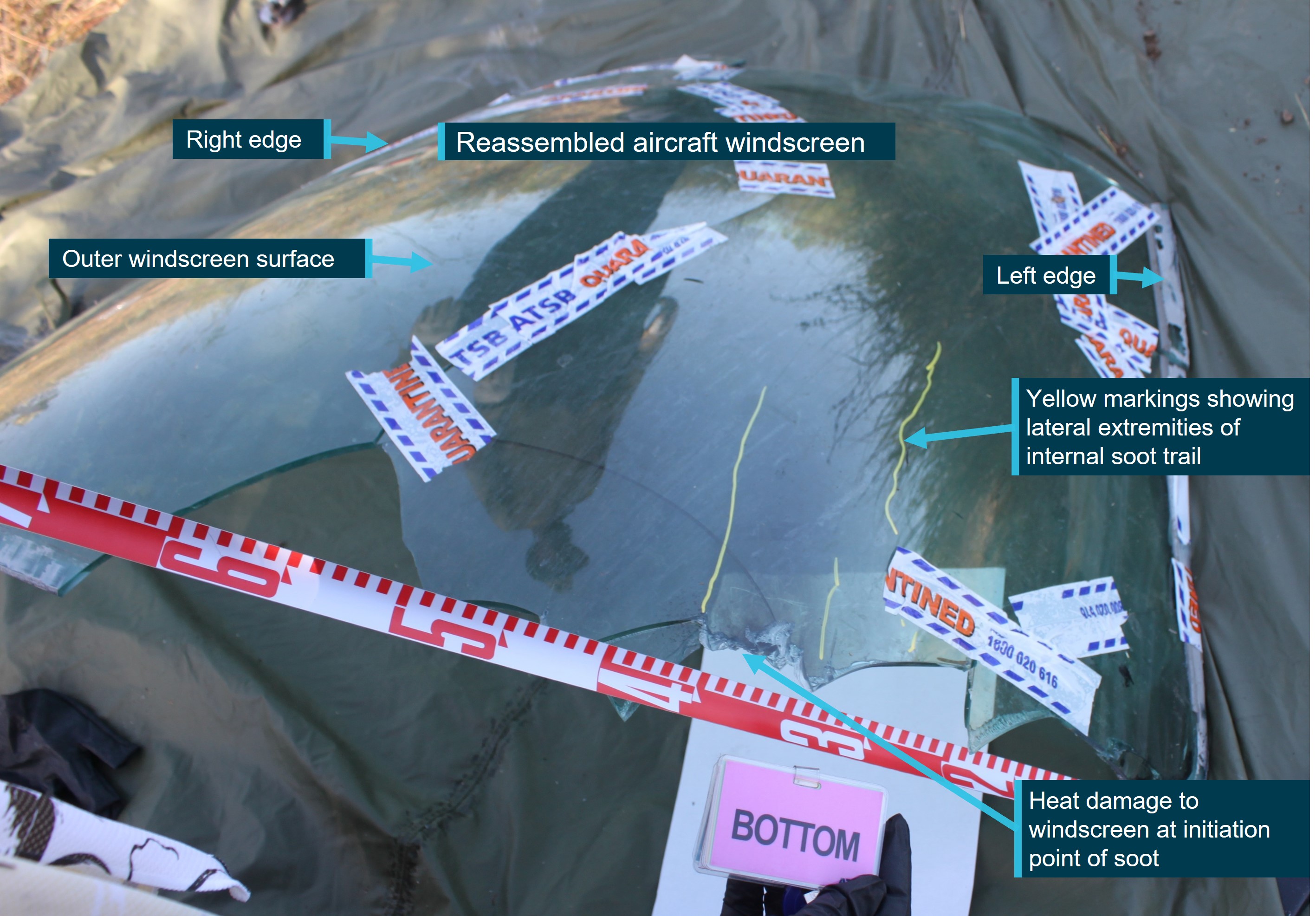 Figure 8: Reassembled aircraft windscreen showing soot trail outline and heat damage