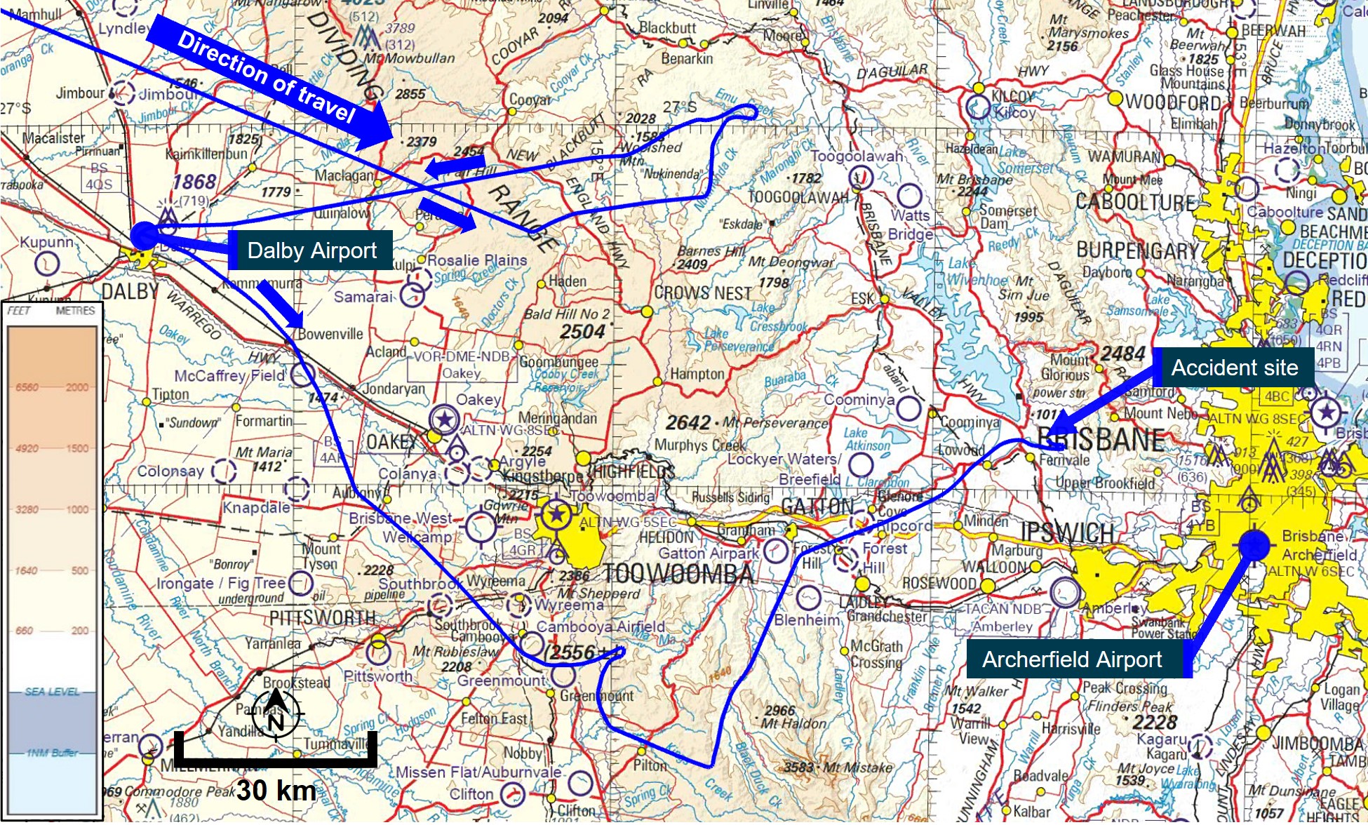 Figure 6: Visual navigation chart extract showing terrain along the flight path