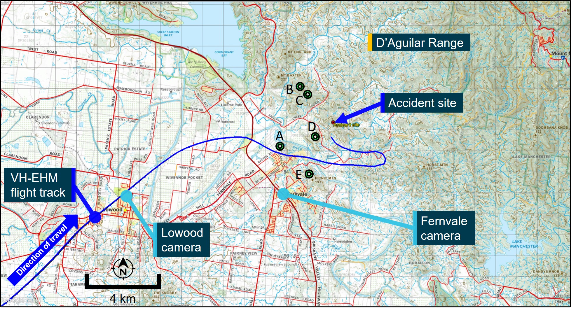 Figure 8: Map showing camera field of views, identifiable points (A to E), and flight track