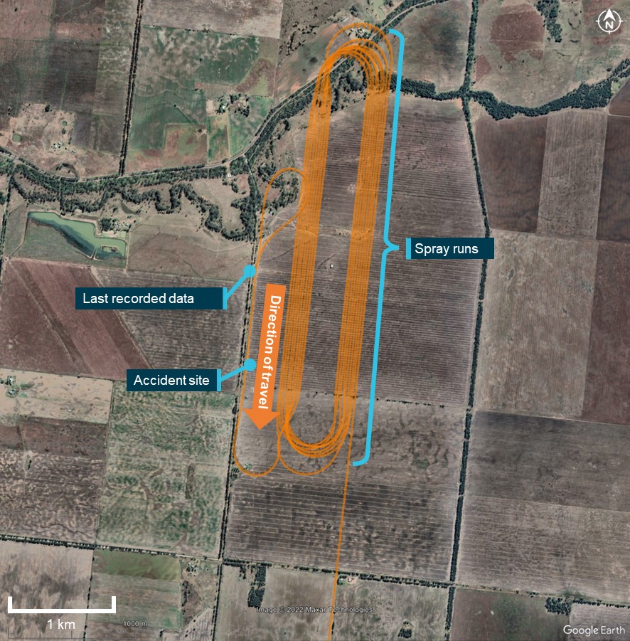 Figure 2: Accident site and spray runs (orange)