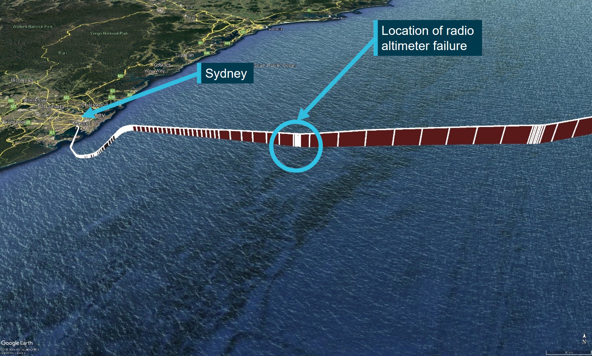 Figure 1: ADS-B[5] derived flight data showing the approximate location of the radio altimeter failure on approach to Sydney