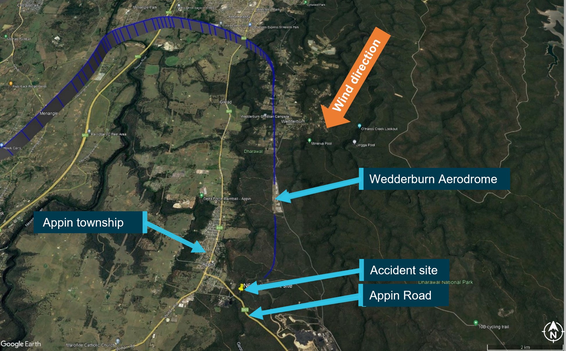 Figure 2: ADS-B Exchange flight data showing the landing and go-around at Wedderburn aircraft landing area and the location of the collision with terrain