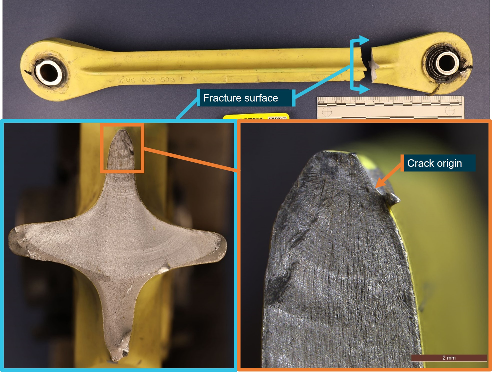 Figure 2: Fractured link assembly and fatigue crack detail