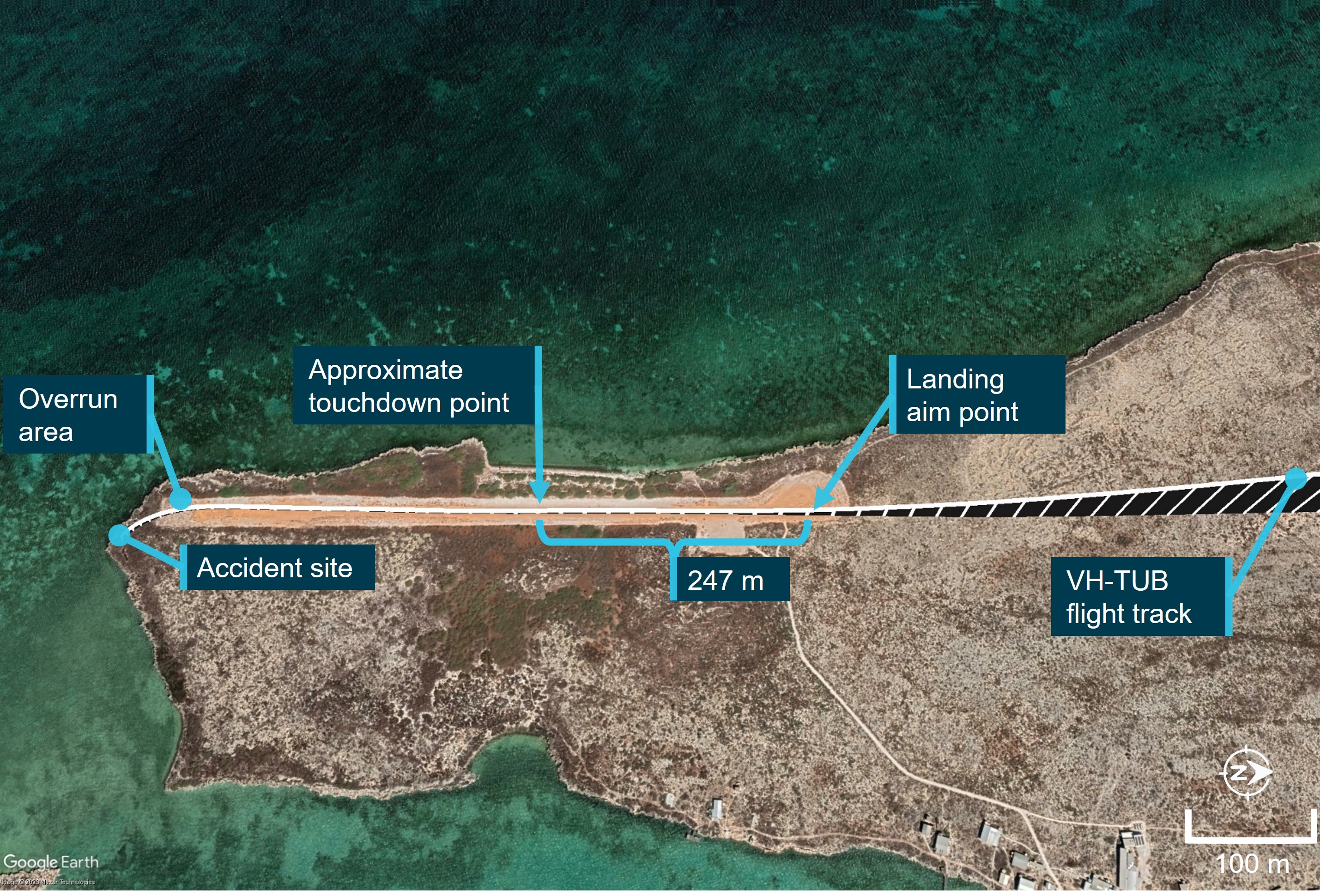 Figure 2: Rat Island runway and flight path of VH-TBU