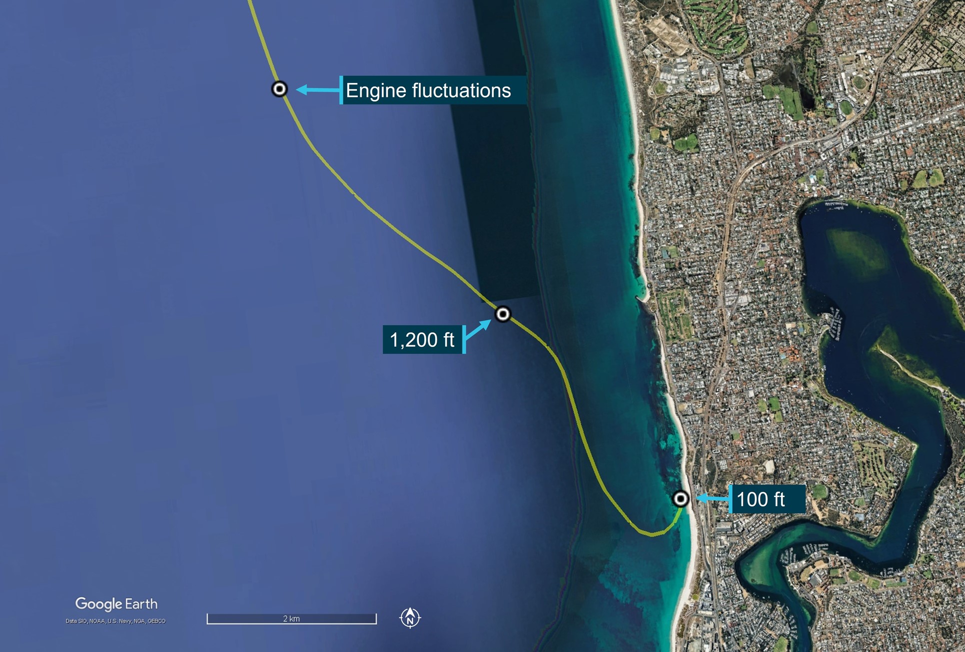 Figure 1: Aircraft track from engine fluctuations to ditching