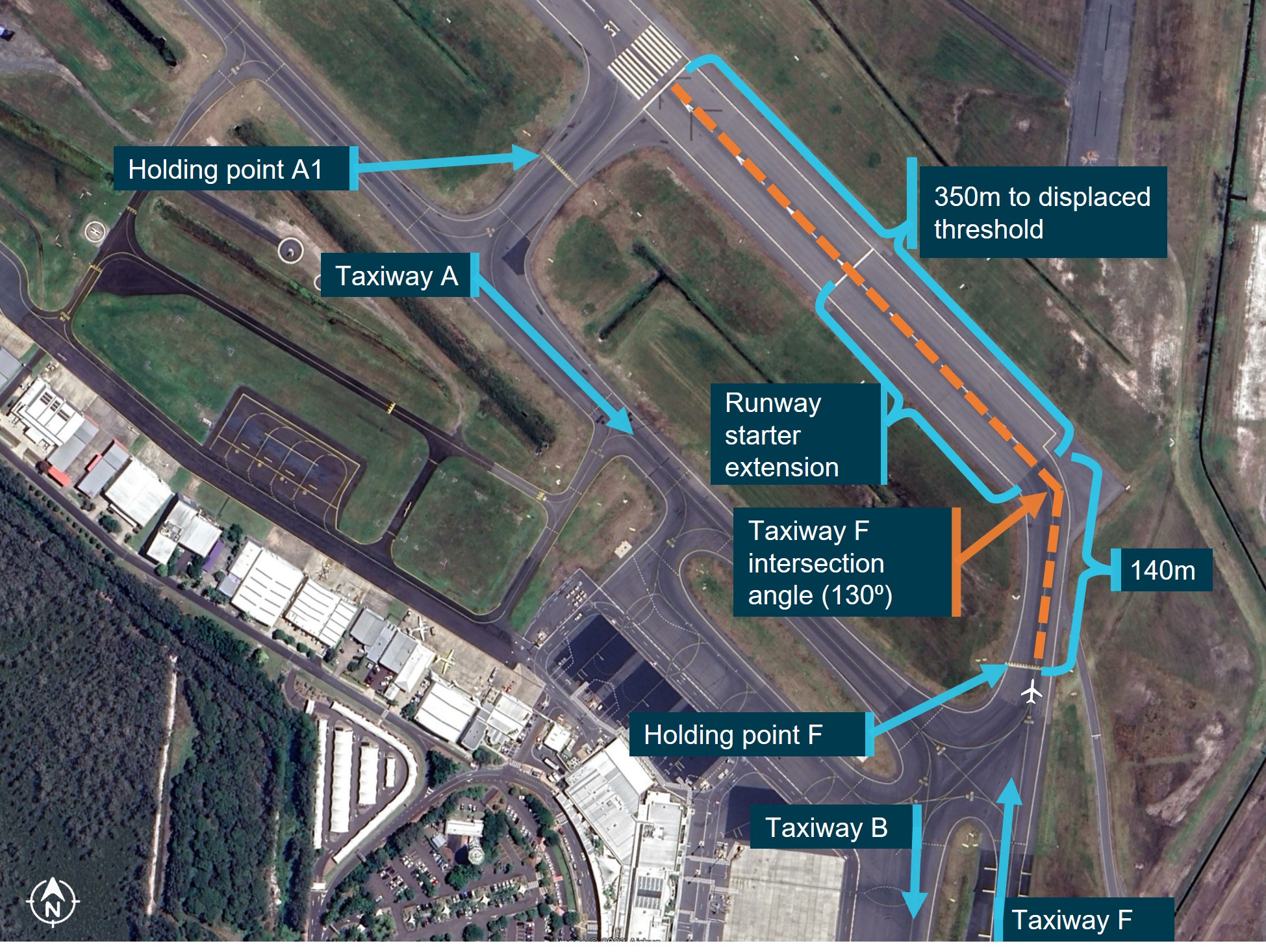 Figure 3: Taxiway Foxtrot in relation to the runway and other taxiways