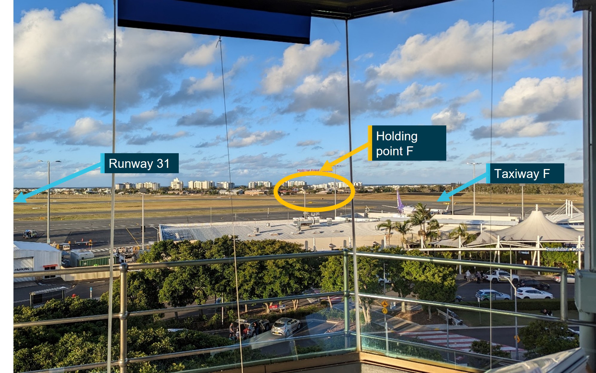 Figure 7: View of holding point Foxtrot from the Sunshine Coast Airport control tower