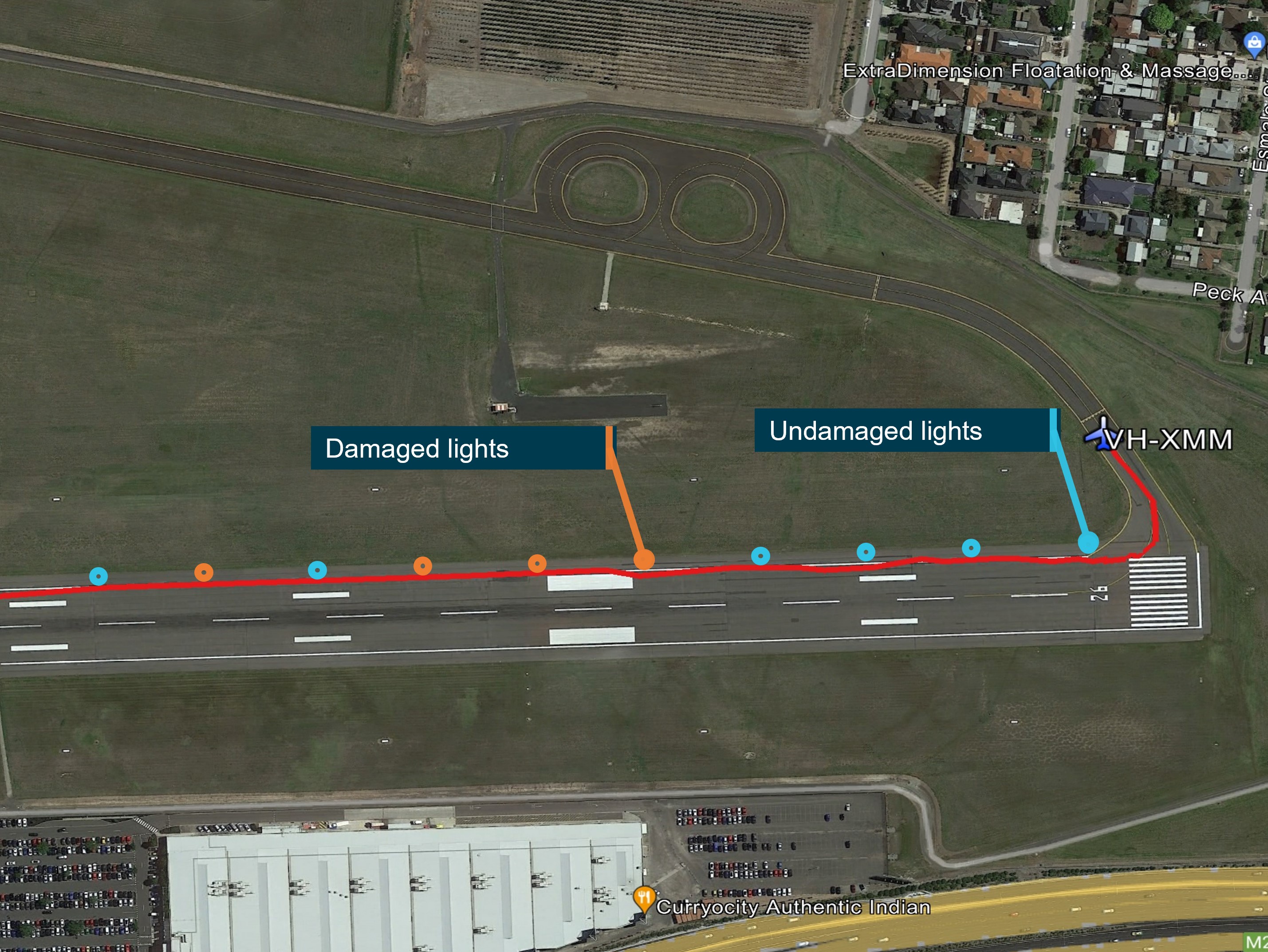 Figure 5: VH-XMM take-off path with damaged light positions