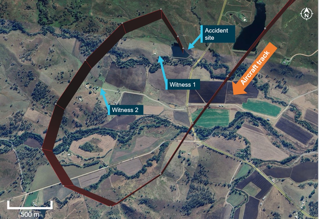 Figure 1: VH-EQW flight track with accident site and witness locations