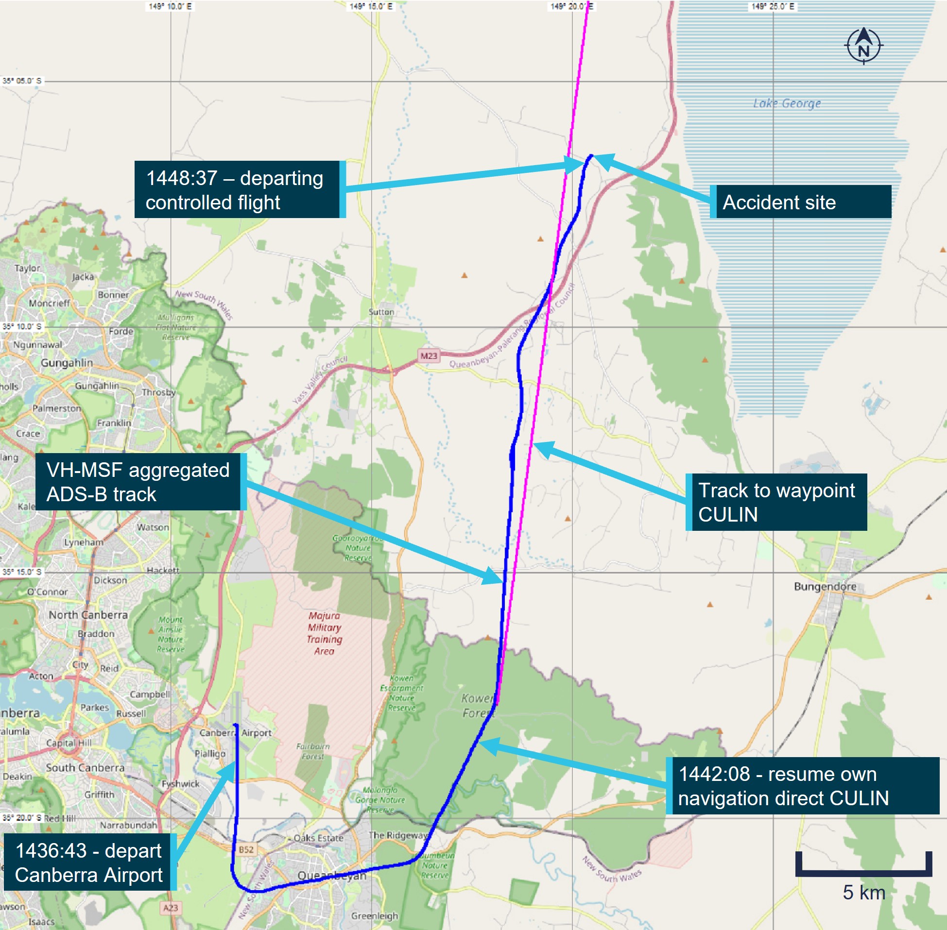 Figure 1: Ground track of VH-MSF from take-off to the accident site