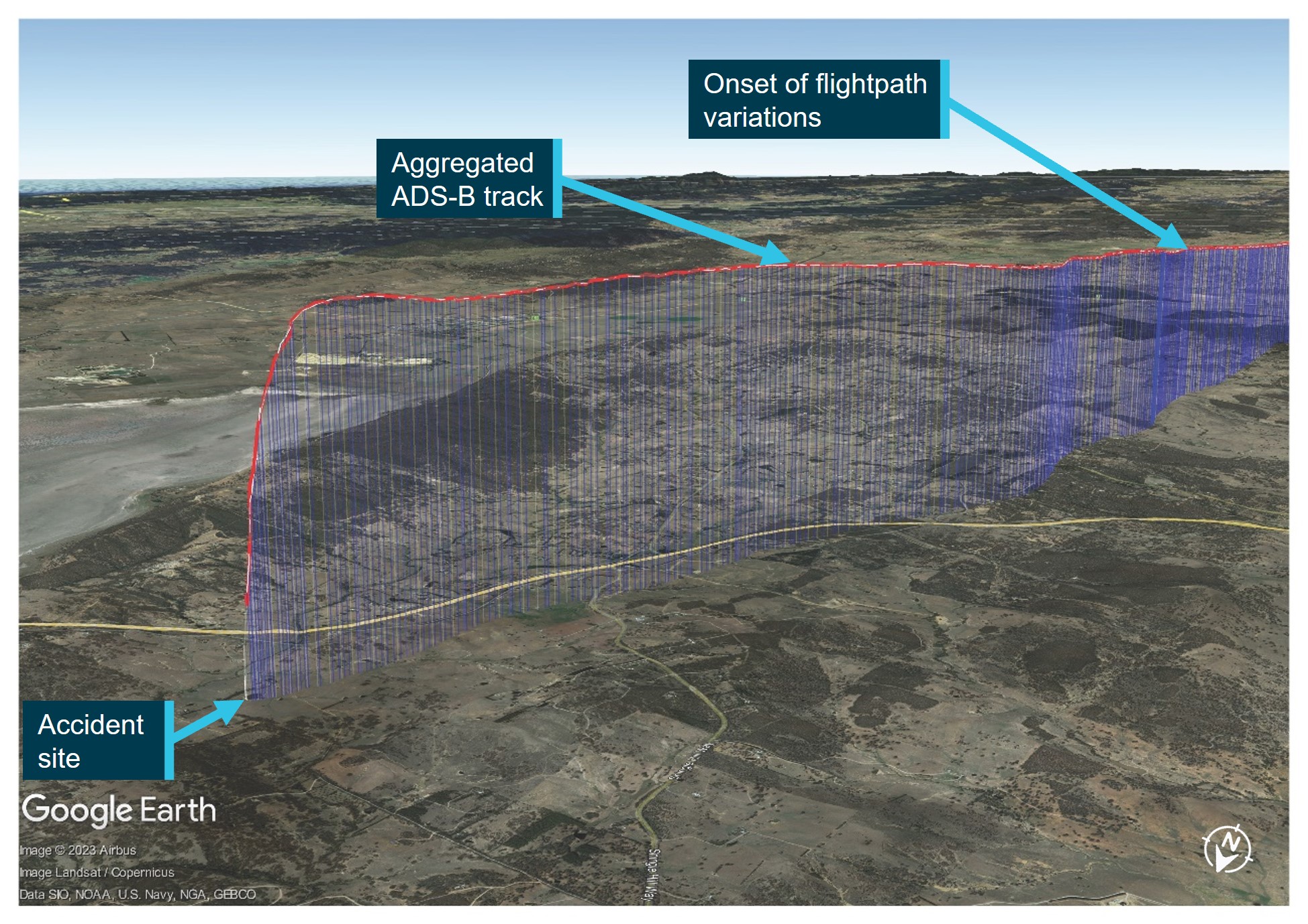 Figure 2: Aggregated ADS-B data for VH-MSF, looking back along the flightpath