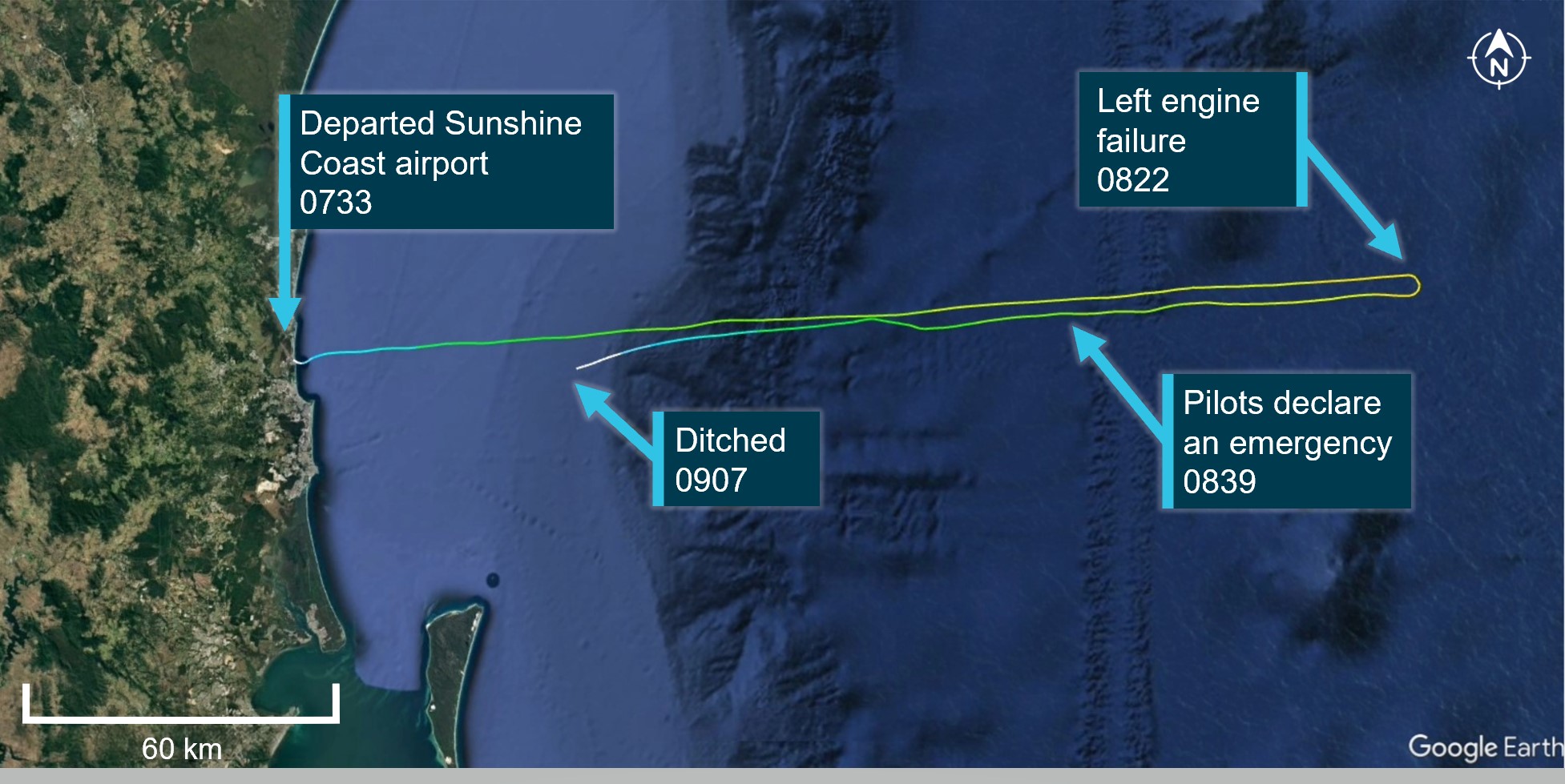 Figure 1: VH-VPY flight path and key moments during the flight