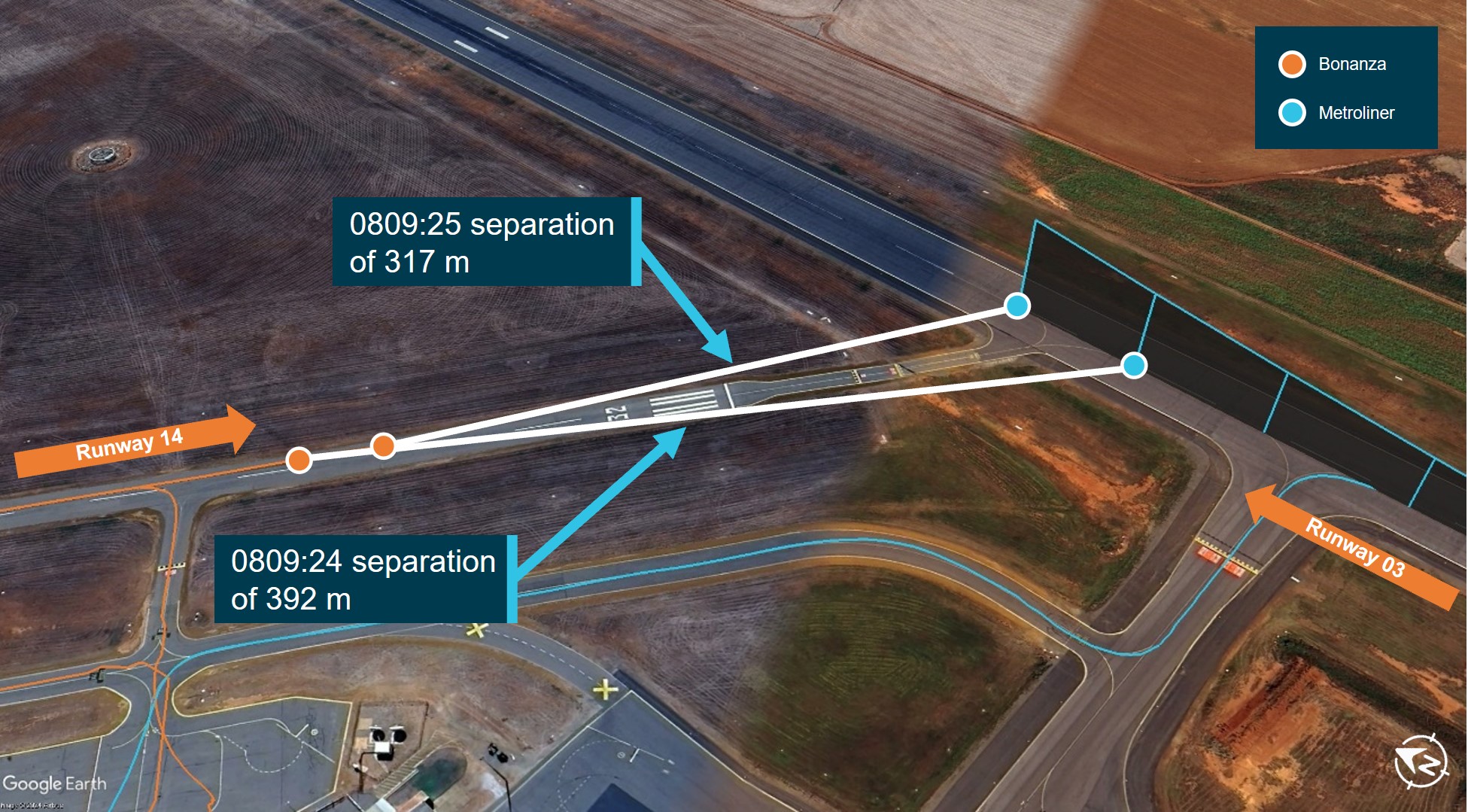 Figure 1: Closest position of VH-CKX (Bonanza) and VH-KGX (Metroliner)