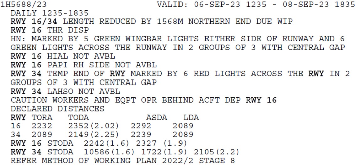 Figure 2: Runway WIP NOTAM as presented in the 9M-MTL briefing package