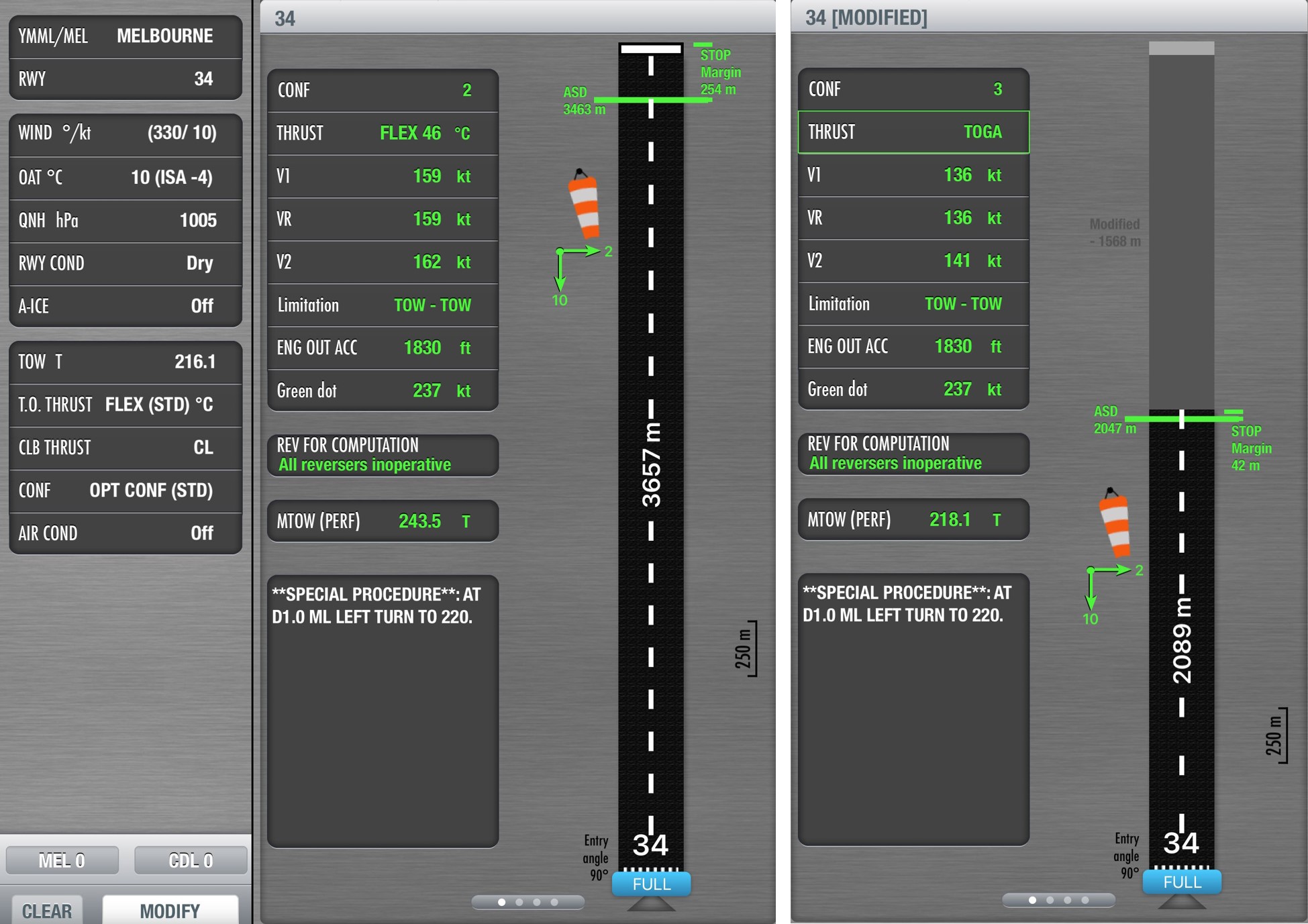 Figure 5: 9M-MTL Airbus Flysmart performance comparison between Melbourne runway 34 full-length (centre of image) and reduced-length (right) under otherwise identical conditions