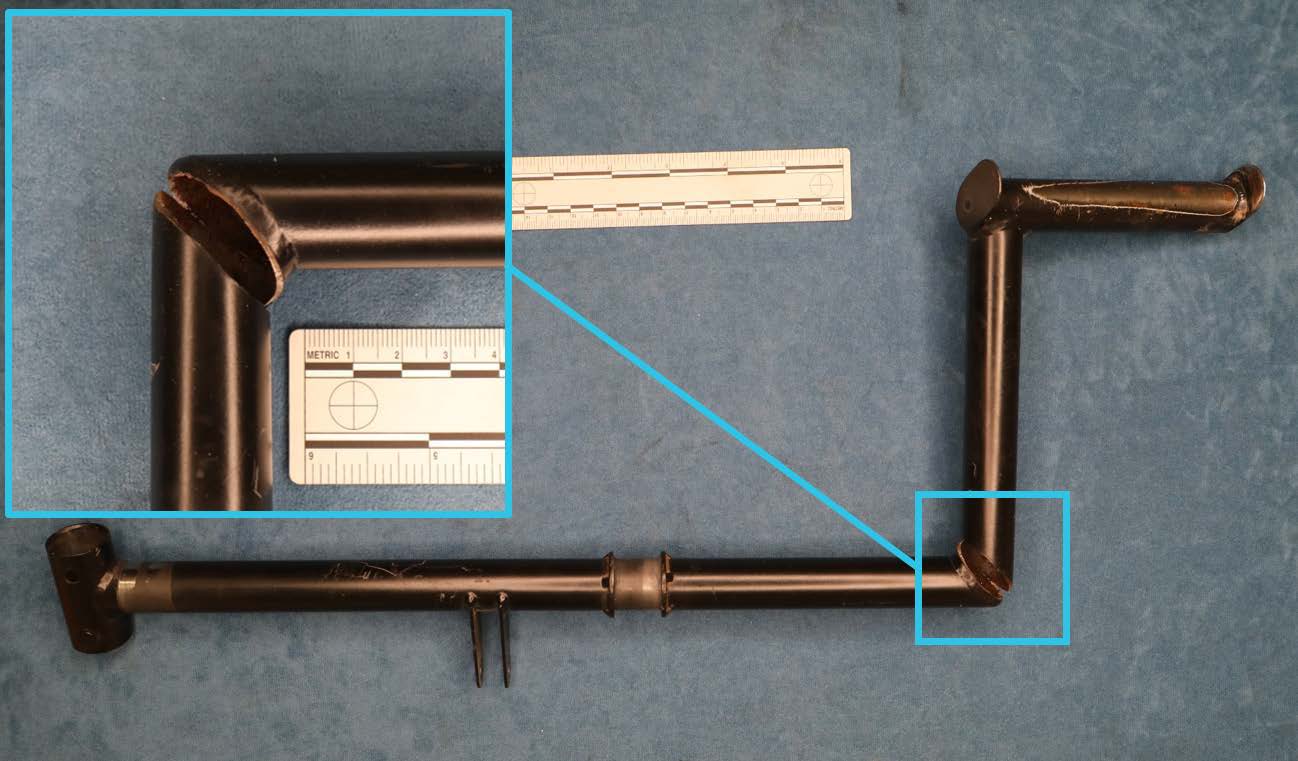 Figure 2: Right tail rotor pedal as received by the ATSB, showing the location of the fracture