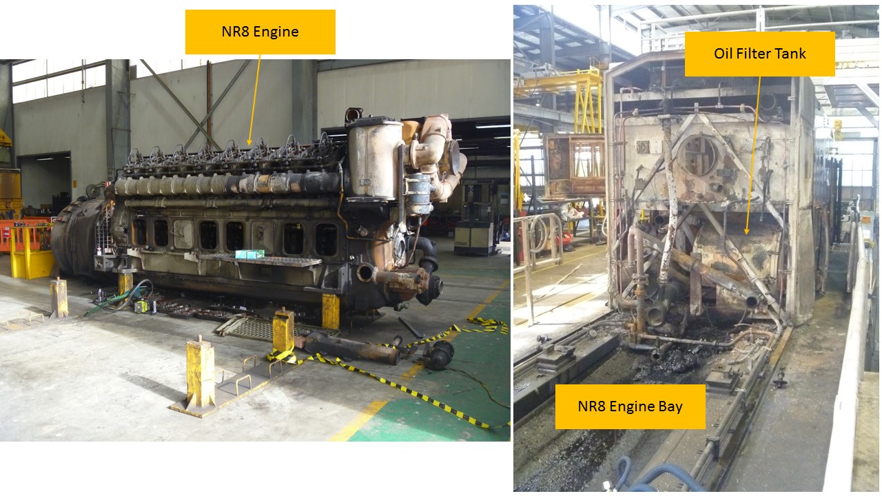 Figure 3: NR8 engine removed from bay (L) and oil filter tank in situ (R)