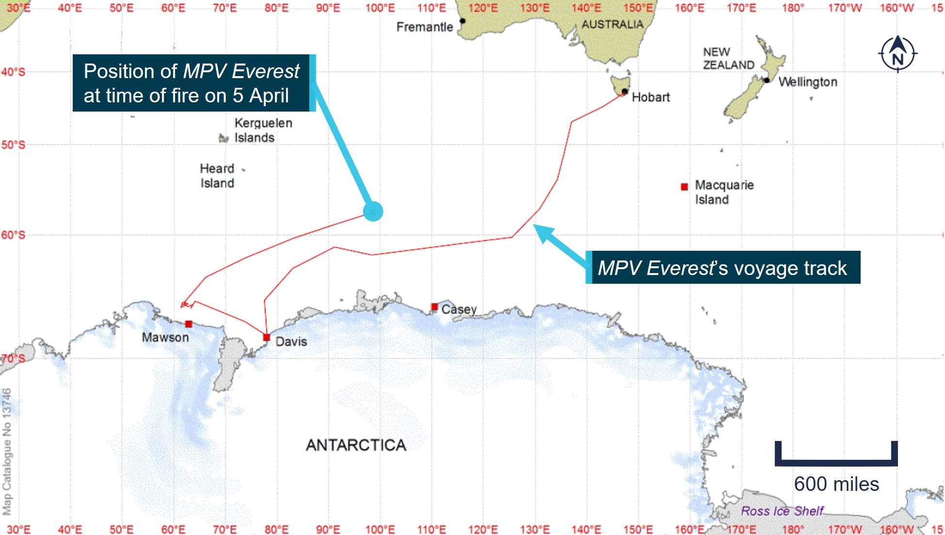 Figure 2: Overview of MPV Everest’s area of operation and position at the time of the fire